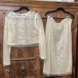 Jason Wu NWT Sequin Mesh Two-Piece Set | Long Sleeve Top & Midi Skirt | Size L